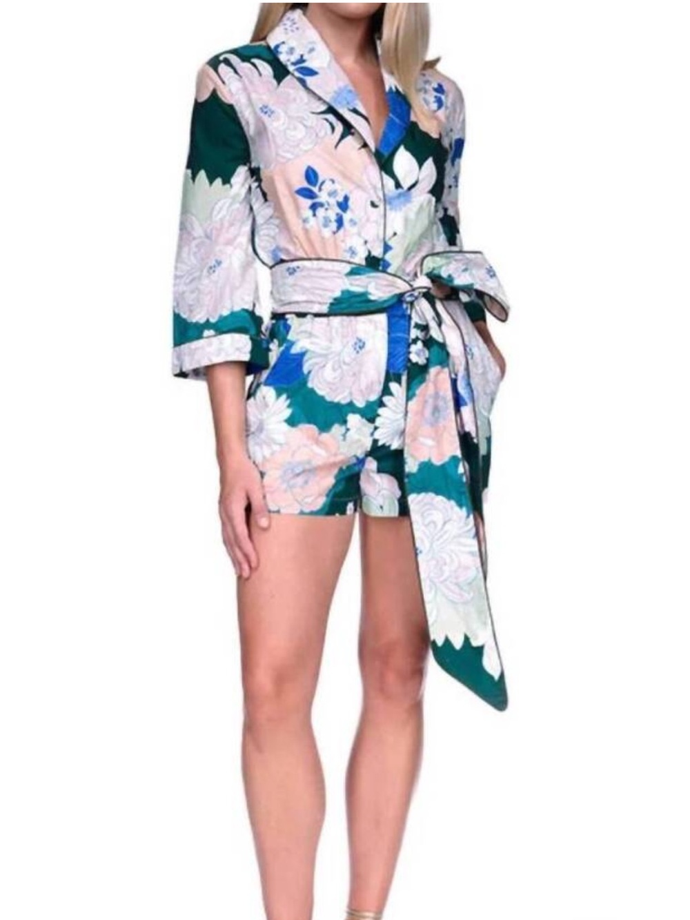 Cara Cara Floral Tie-Waist Romper - Green/Pink